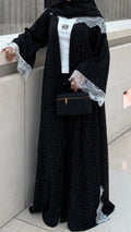 Noura Lace Dot Abaya - Black Polka Dot Abaya with Lace Hijab front view – From #1 Shop YAZIR – YAZIRCO