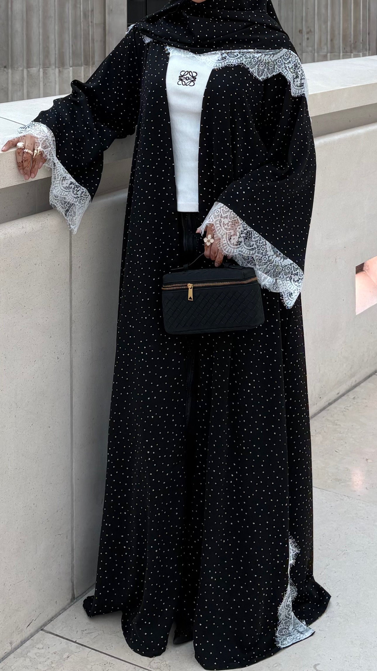 Noura Lace Dot Abaya - Black Polka Dot Abaya with Lace Hijab
