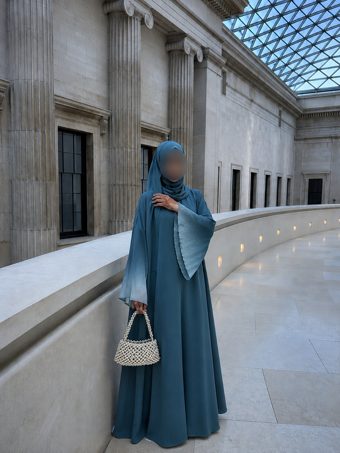 Blue Amara Pleated Open Abaya With Hijab