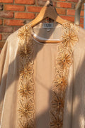 Zareen Embellished Abaya 4 Piece Set – Cream & Gold Abaya with Hijab, Slip Dress & Rope front view – From #1 Shop YAZIR – YAZIRCO