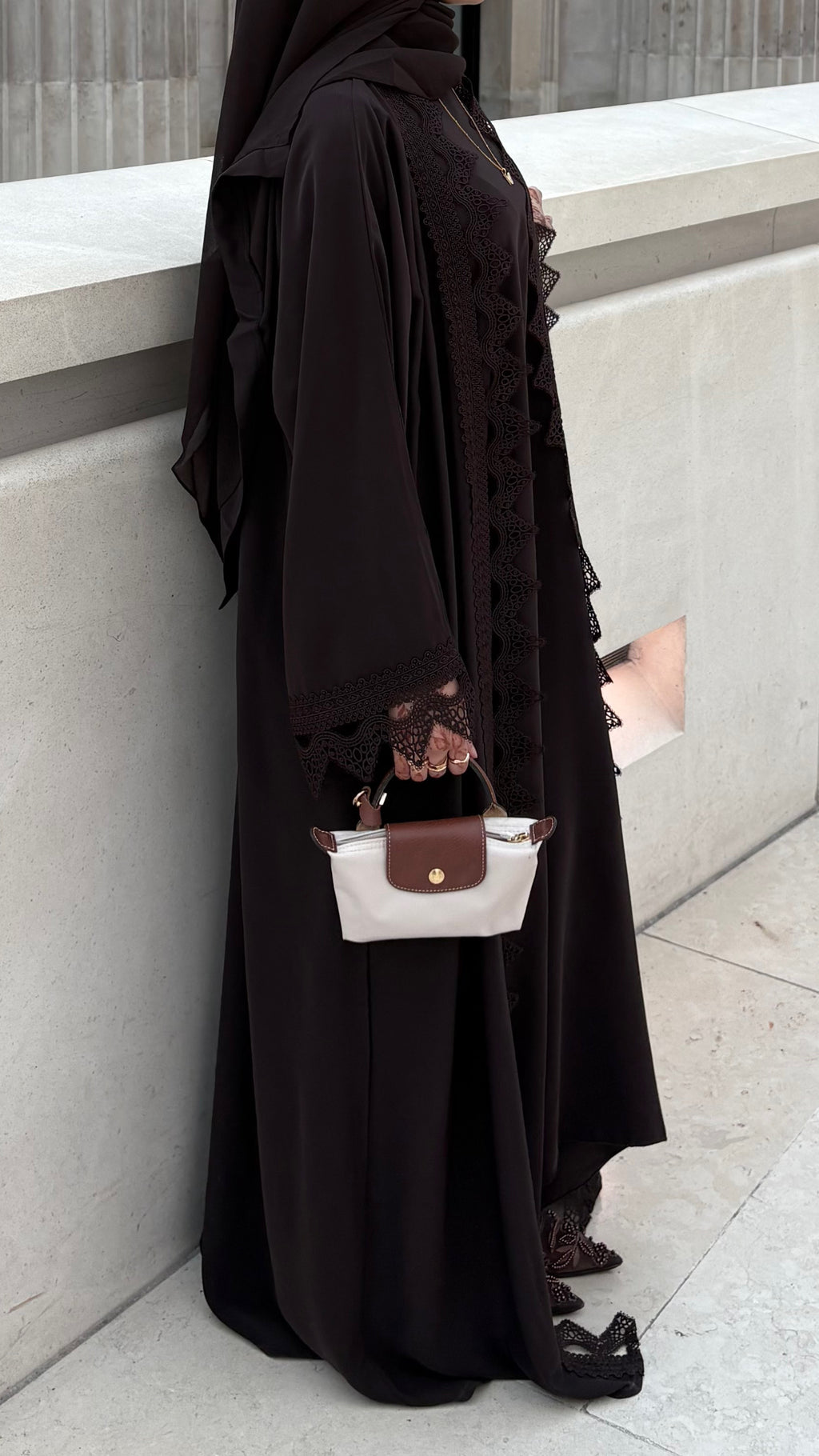 Sereen Lace Abaya 4 Piece Set – Brown Modest Abaya with Hijab, Slip Dress & Robe