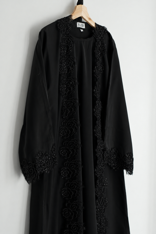 Alora Floral Abaya 4 Piece Set – Black Abaya with Hijab, Slip Dress & Rope front view – From #1 Shop YAZIR – YAZIRCO