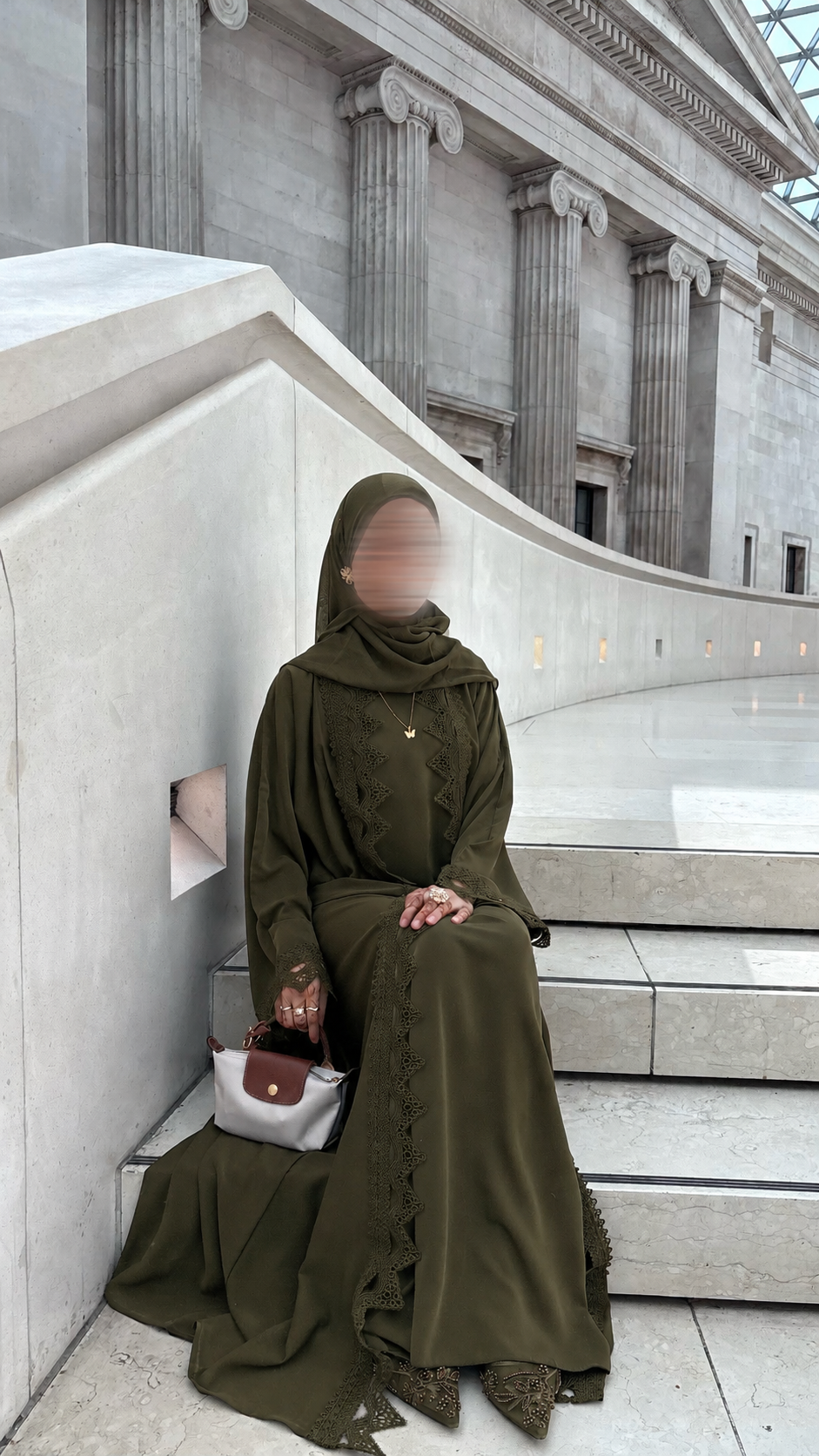 Sereen Lace Abaya 4 Piece Set – Olive Green Modest Abaya with Hijab, Slip Dress & Robe