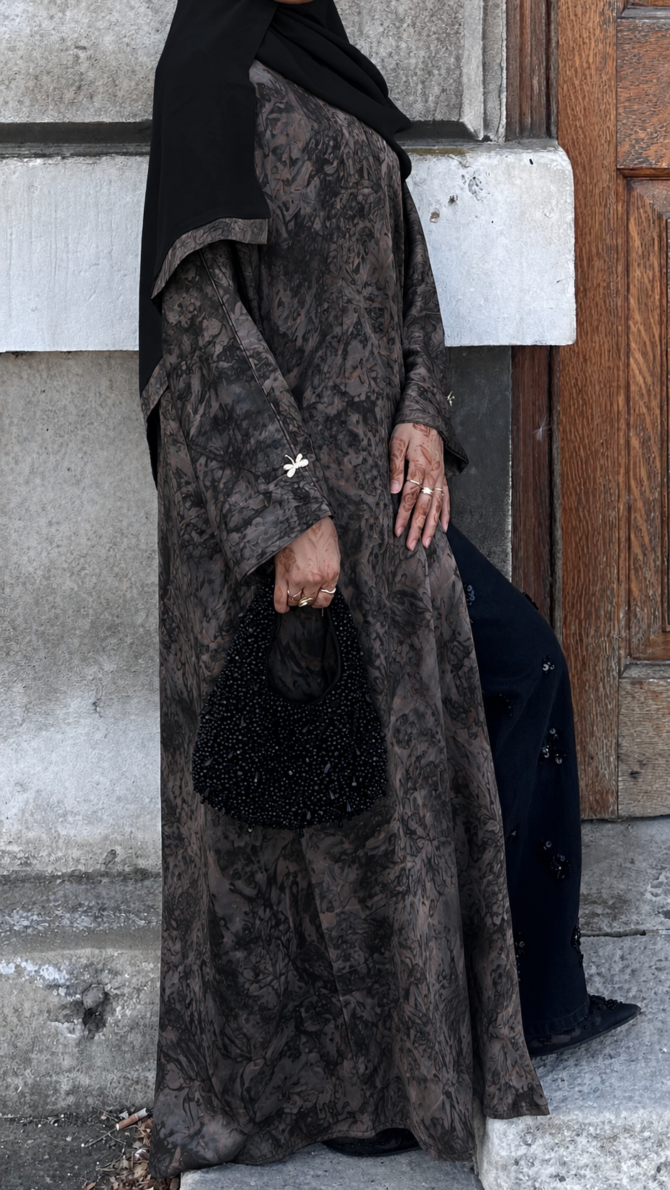 Avenra Printed Abaya 2 Piece Set – Dark Marble Modest Abaya with Hijab