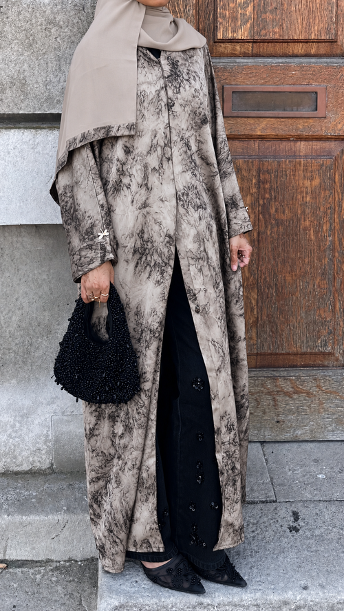 Avenra Printed Abaya 2 Piece Set – Cream Marble Modest Abaya NO HIJAB front view – From #1 Shop YAZIR – YAZIRCO