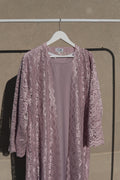 Varelle Netted Lace Abaya 4 Piece Set – Pink Modest Abaya with Hijab, Slip Dress & Rope front view – From #1 Shop YAZIR – YAZIRCO