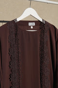 Nayelle Lace Abaya 4 Piece Set – Brown Abaya with Hijab, Slip Dress & Rope front view – From #1 Shop YAZIR – YAZIRCO