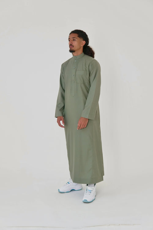 Classic Olive Saudi Thobe front view – From #1 Shop YAZIR – YAZIRCO