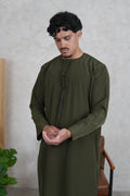 Luxury Khaki Lightweight Zibda Emirati Thobe front view – From #1 Shop YAZIR – YAZIRCO
