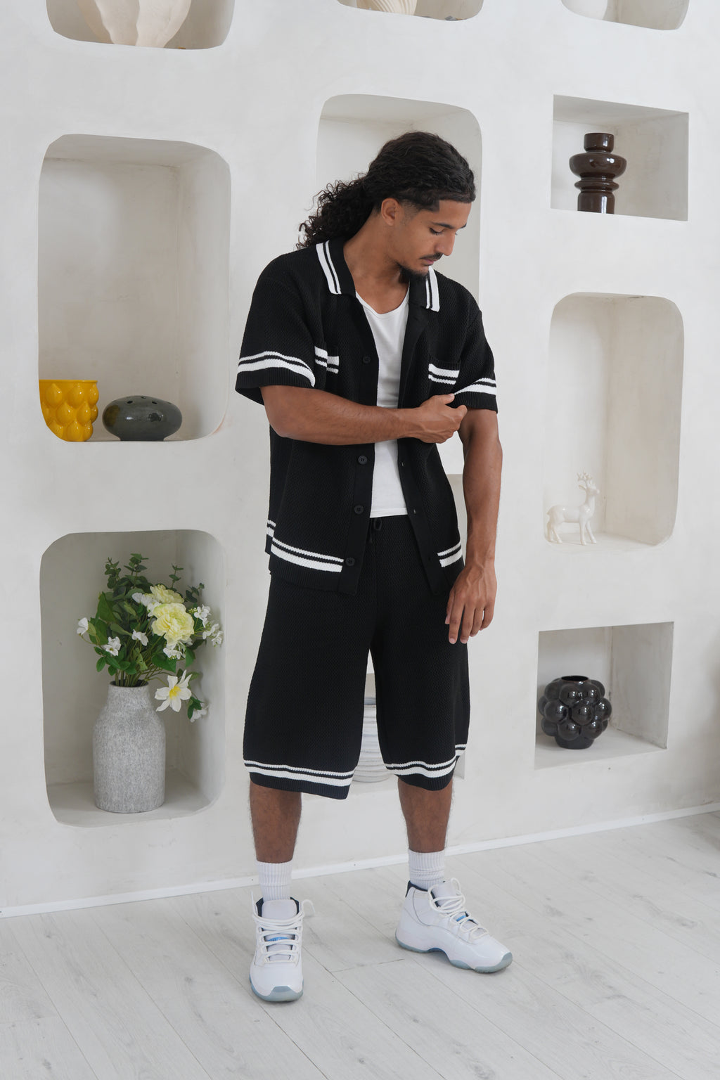 Crochet Knit Button Through Shirt - Black