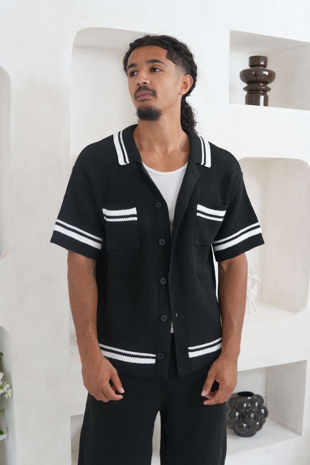 Crochet Knit Button Through Shirt - Black