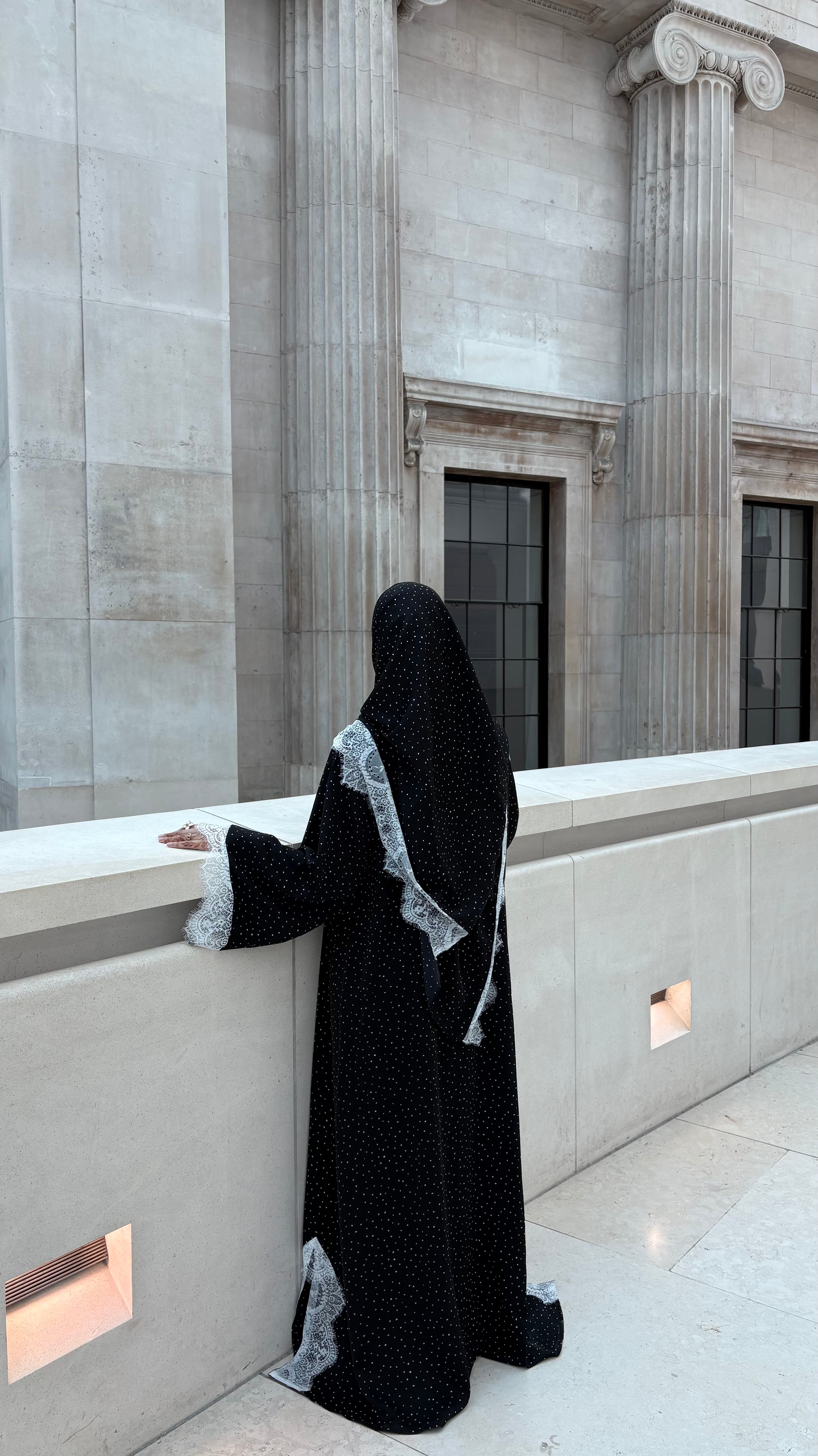 Noura Lace Dot Abaya - Black Polka Dot Abaya with Lace Hijab
