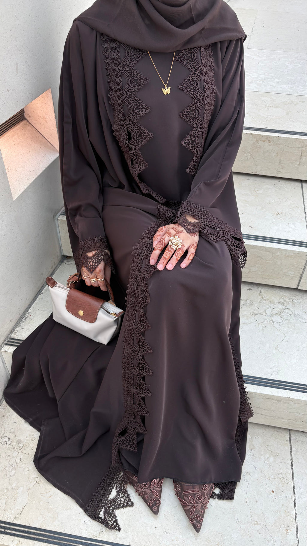 Sereen Lace Abaya 4 Piece Set – Brown Modest Abaya with Hijab, Slip Dress & Robe