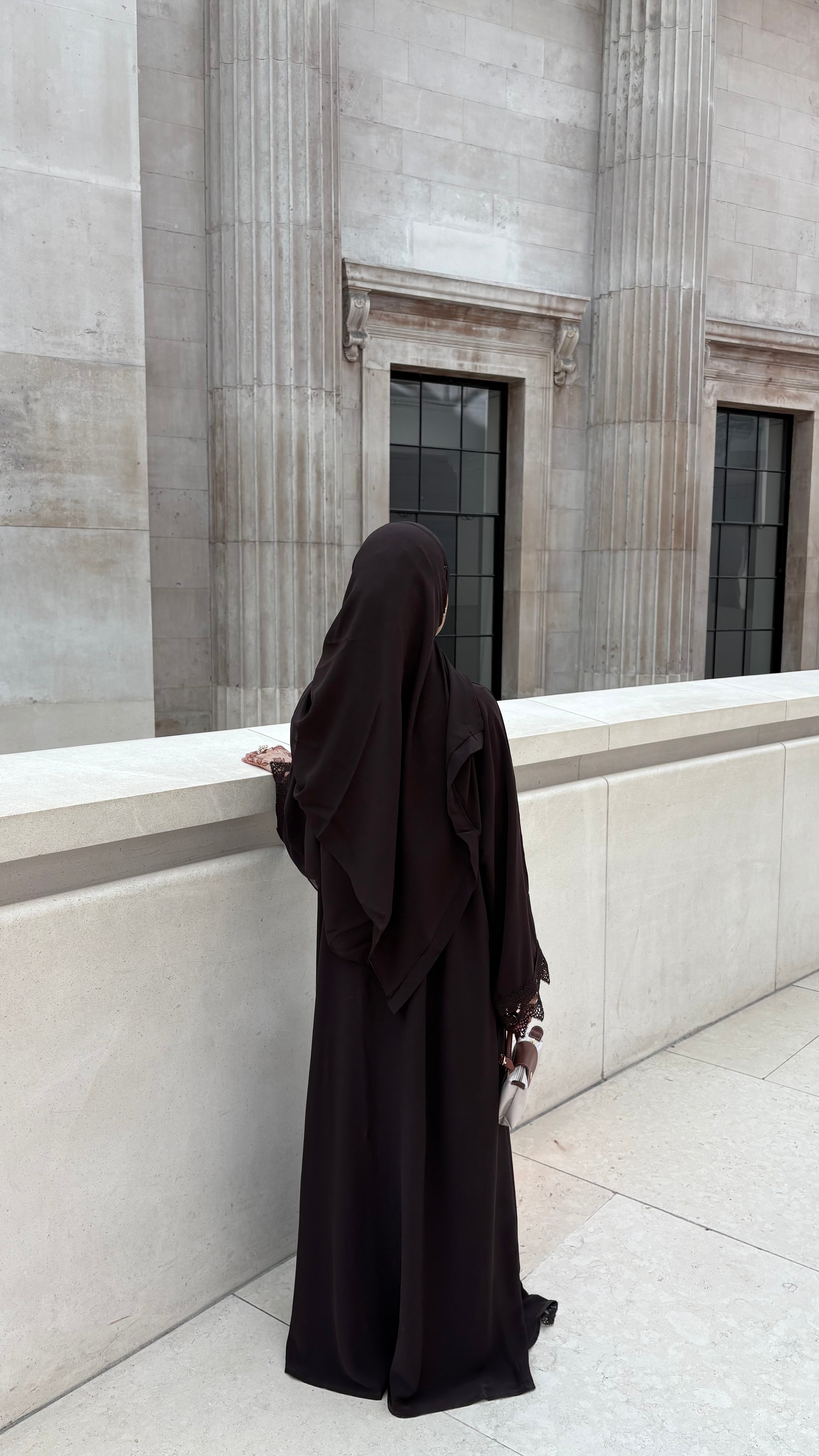 Sereen Lace Abaya 4 Piece Set – Brown Modest Abaya with Hijab, Slip Dress & Robe