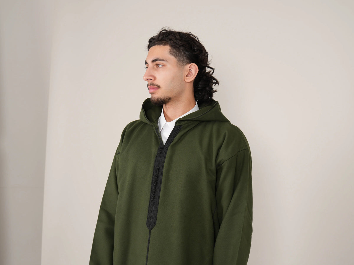 Khaki Green Moroccan Djellaba Thobe - Luxury Jubbah Made in Morocco - YAZIR