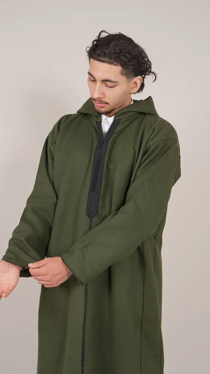Khaki Green Moroccan Djellaba Thobe - Luxury Jubbah Made in Morocco - YAZIR
