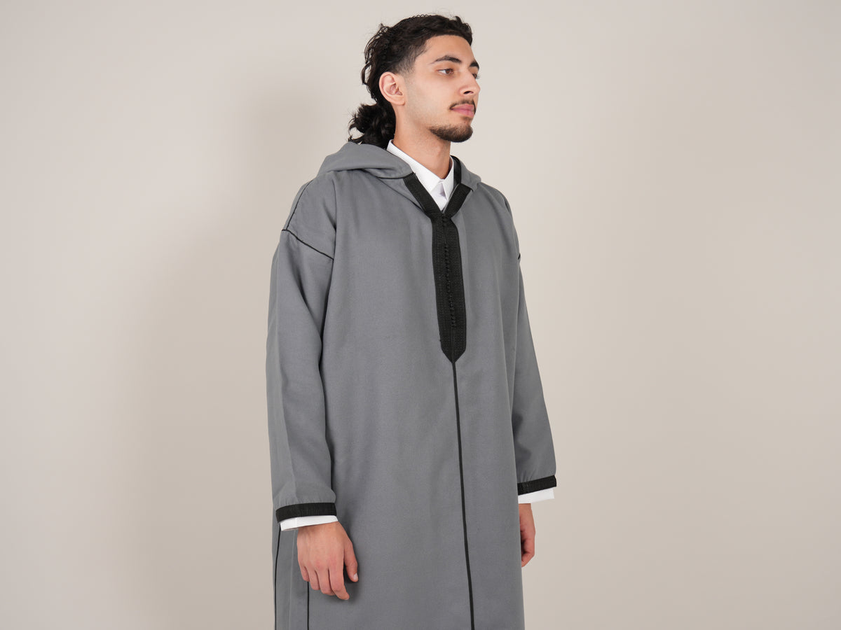 Grey & Black Moroccan Djellaba Thobe - Luxury Jubbah Made in Morocco - YAZIR