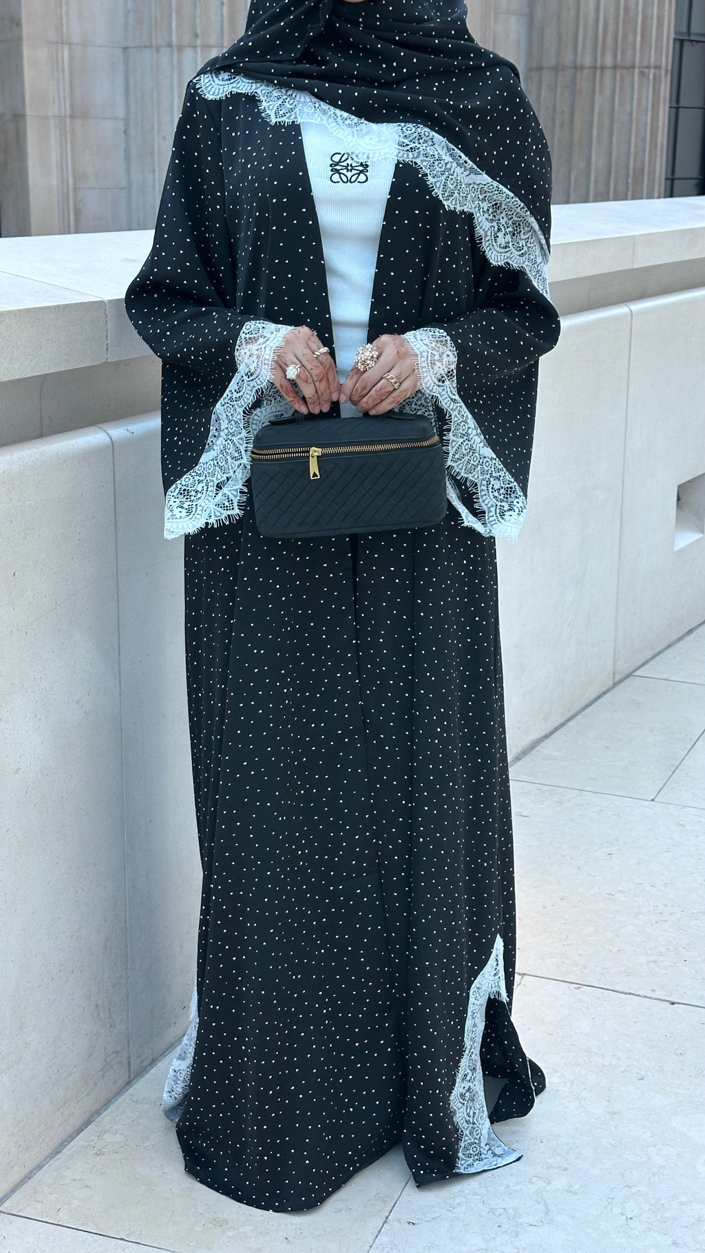 Noura Lace Dot Abaya - Black Polka Dot Abaya with Lace Hijab