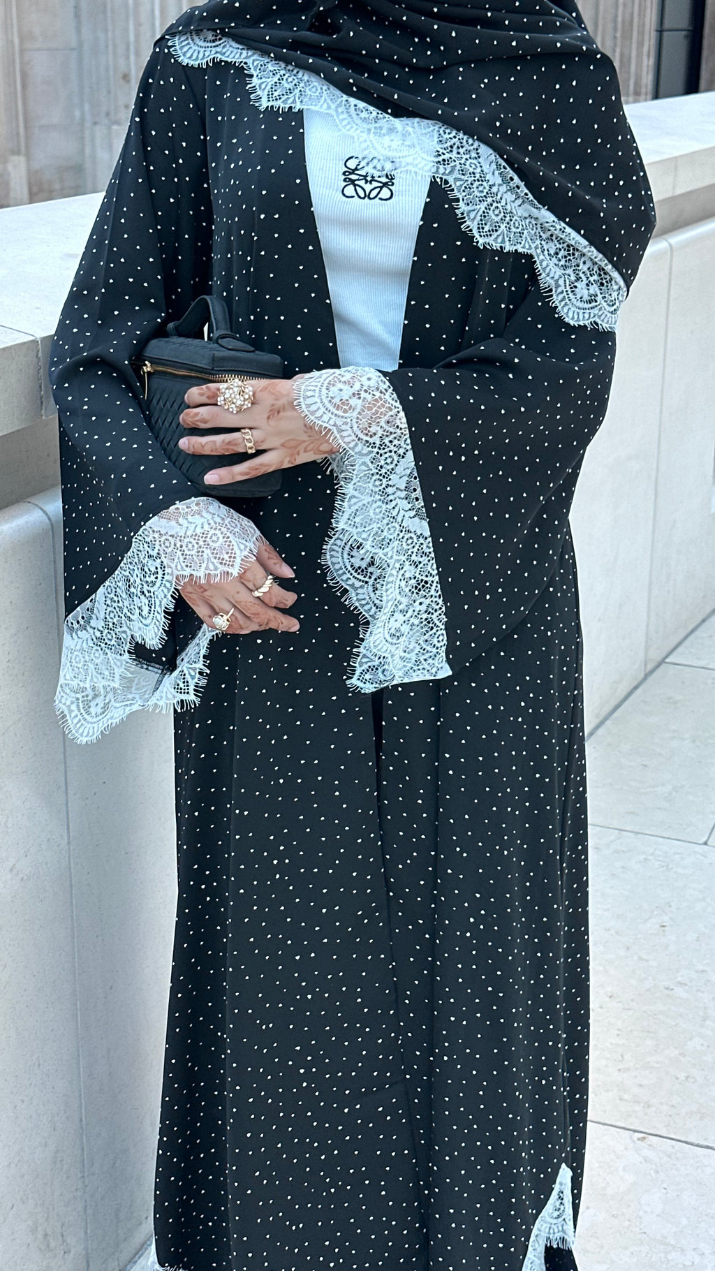 Noura Lace Dot Abaya - Black Polka Dot Abaya with Lace Hijab