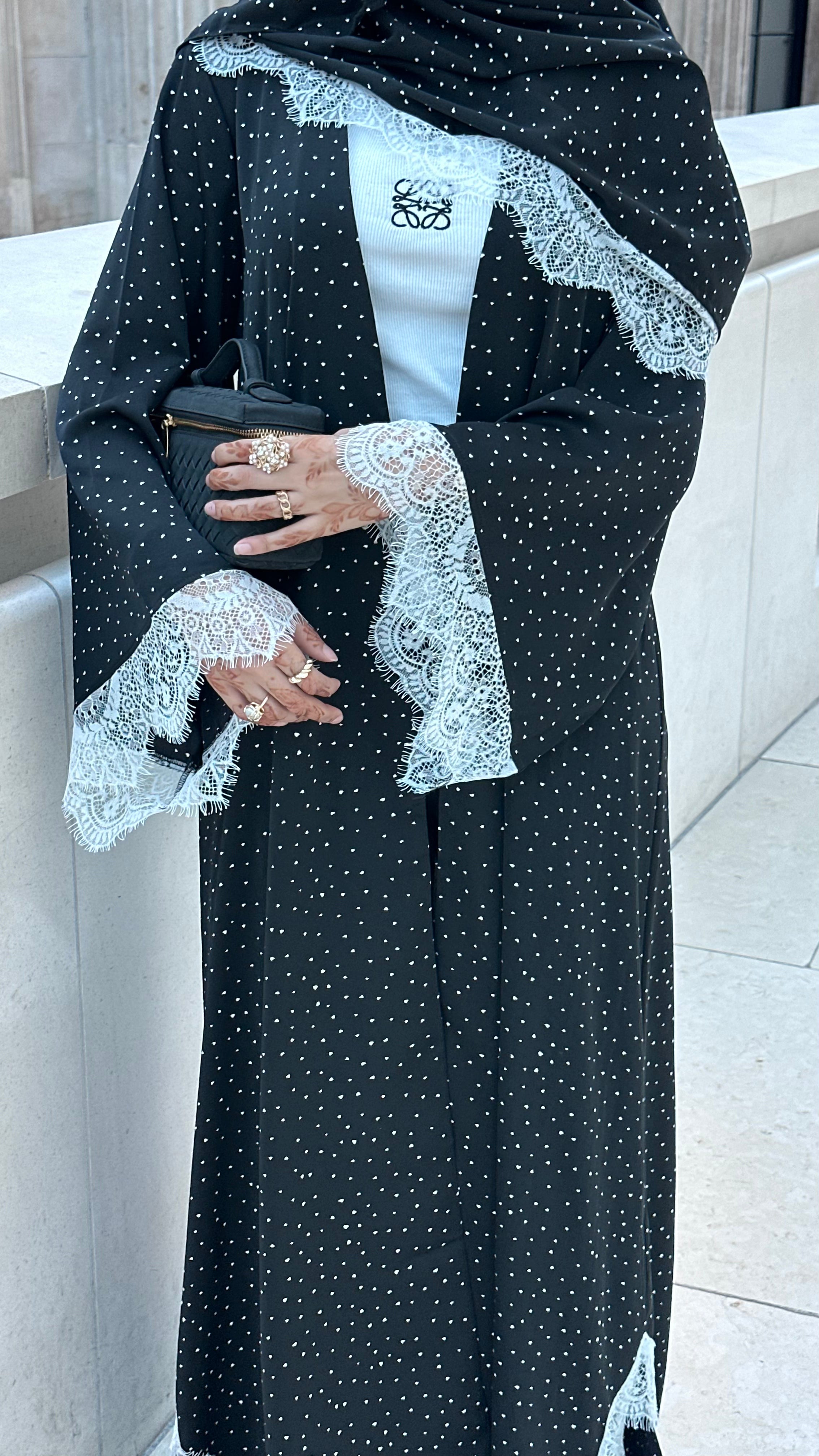 Noura Lace Dot Abaya - Black Polka Dot Abaya with Lace Hijab