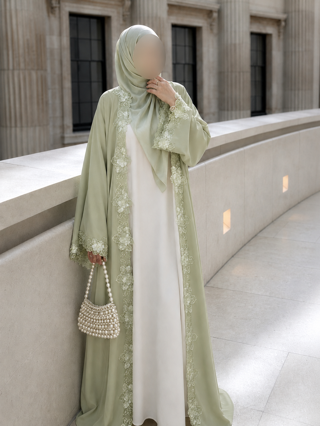 Sage Green Petal Lace Abaya With Hijab